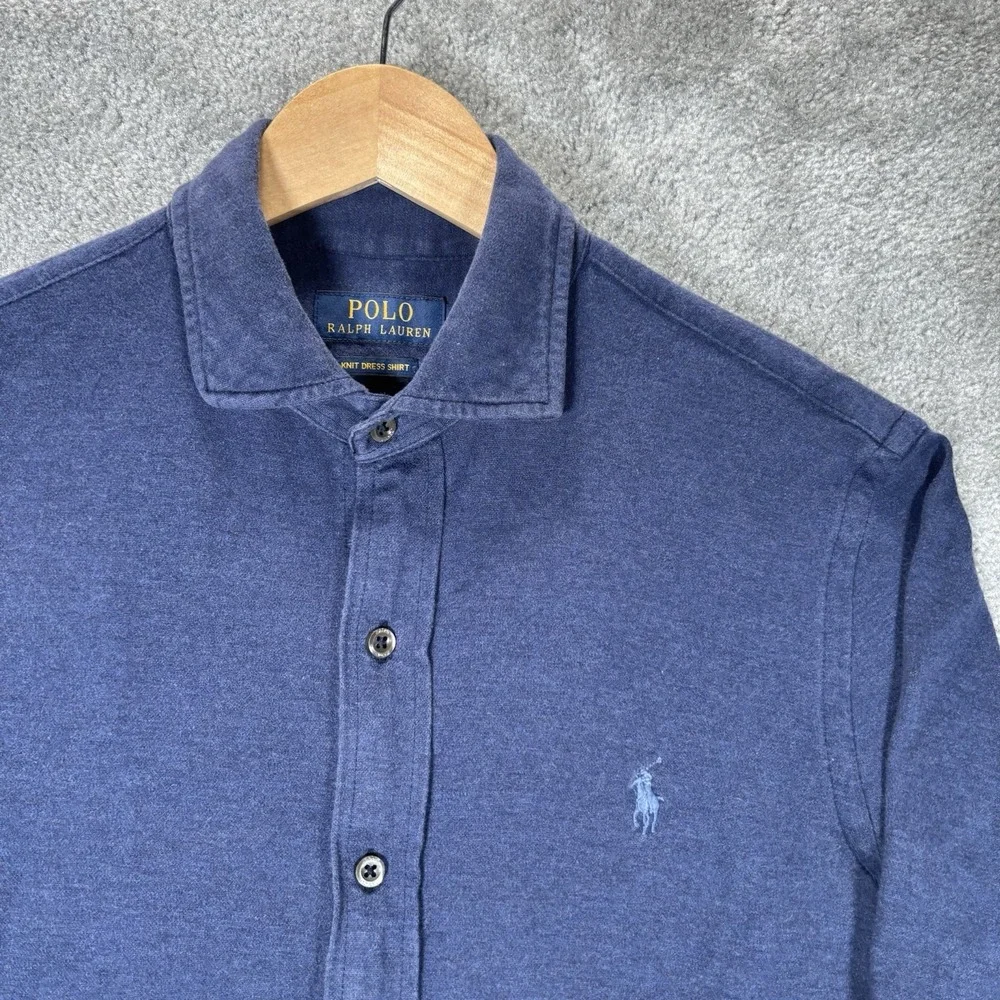 Polo Ralph Lauren Knit Dress Shirt Mens M Blue Cotton Soft Long Sleeve Logo